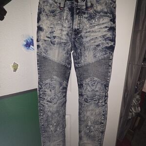 Makobi Acid Wash Distressed Men Jeans In Blue With White. Size 32x32